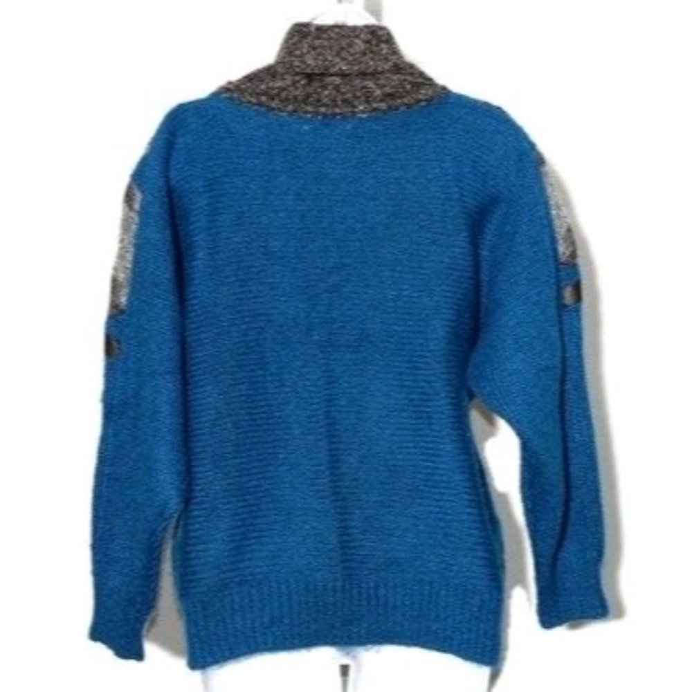 Vintage Snakeskin Leather Sweater Teal Blue & Gray Oversized Cowl Neck Pullover - Picture 5 of 10